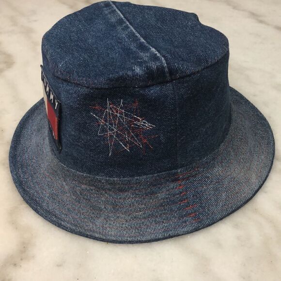 Handmade 90’s Tommy Jeans Repurposed Denim Bucket Hat Large Logo - Picture 5 of 9